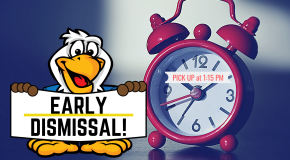 Eagle with Early Dismissal sign and clock